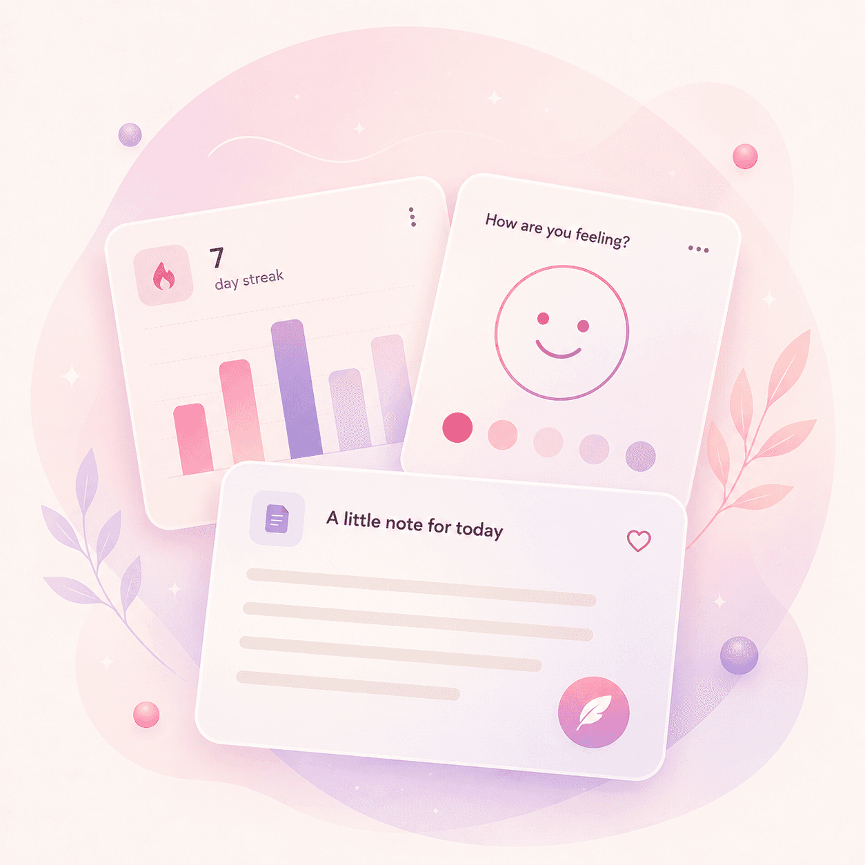 A soft arrangement of cards representing notes, mood, and memories